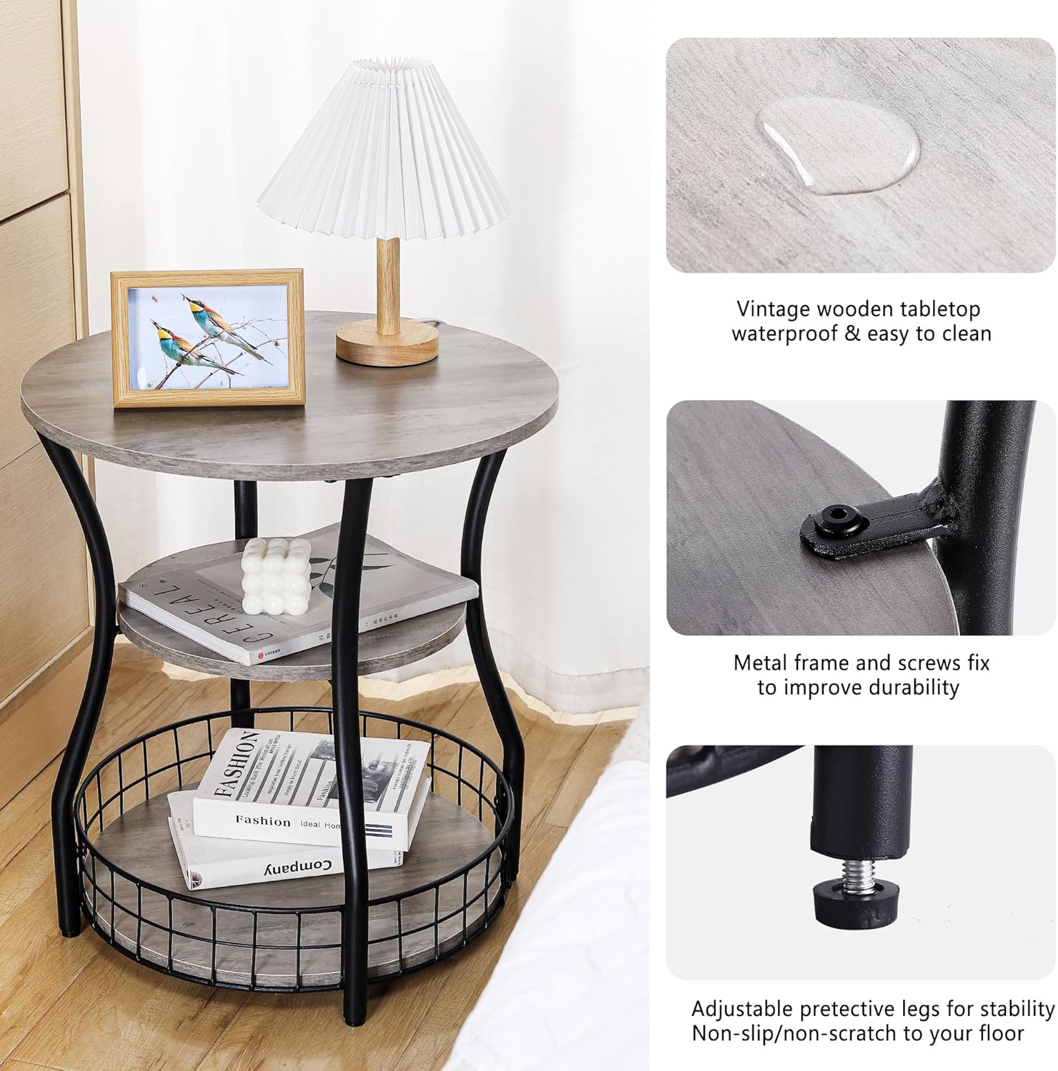 Small Side Table Round End Table with Storage Shelf Basket, 3-Tier Accent Corner Sofa Couch Side Tables Coffee Drink Table for Small Spaces,Round Nightstand for Living Room, Bedroom, Greige