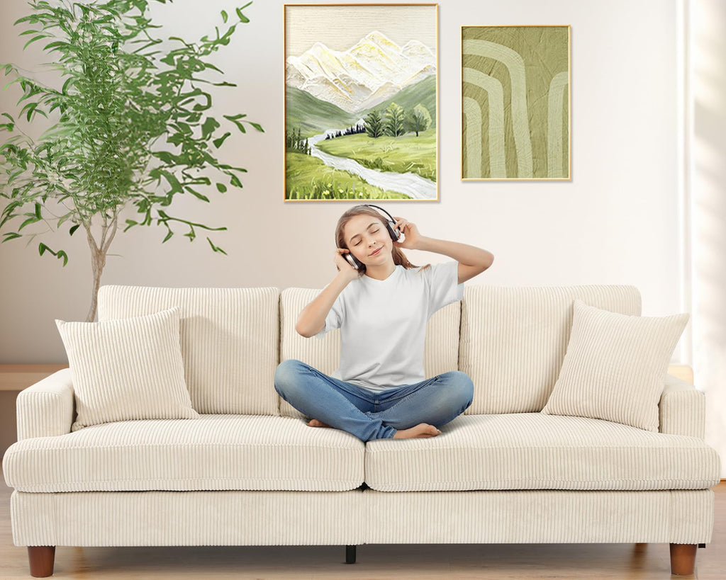 Kidirect 87in Green Sofa, Couches for Living Room 21in Extra Deep Seats, Comfy Corduroy Sofas for Living Room No Tool Assembly, Modern Oversized Love Seat with 2 Pillows, Sofa Couch for Bedroom