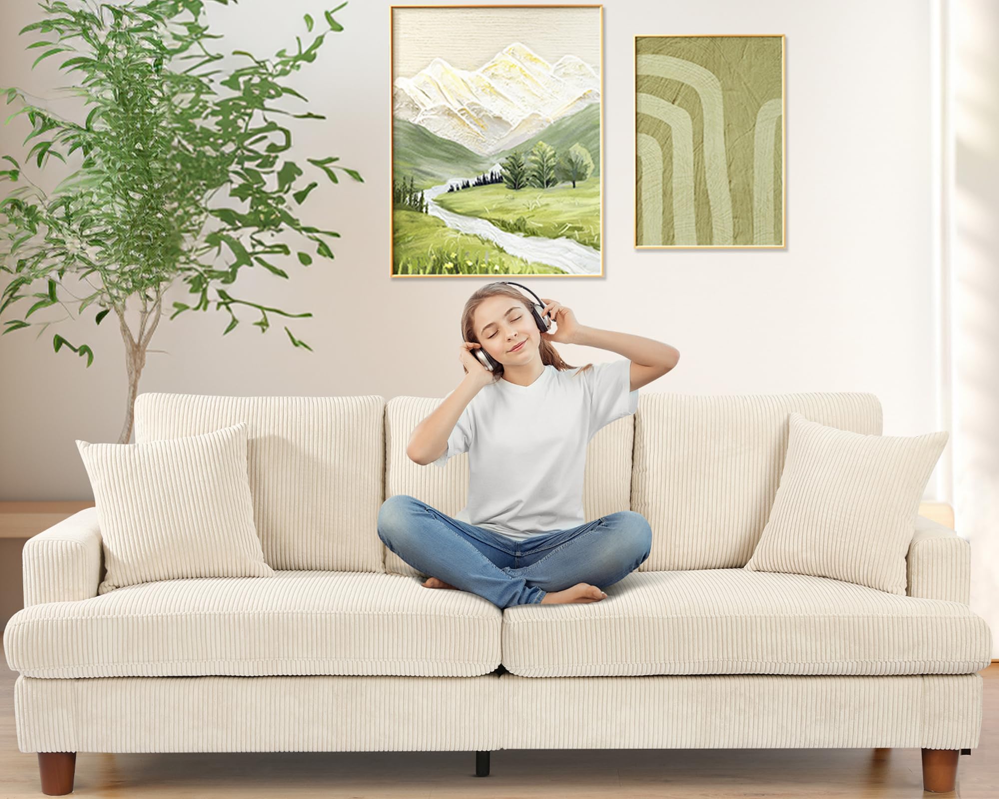 Kidirect 87in Green Sofa, Couches for Living Room 21in Extra Deep Seats, Comfy Corduroy Sofas for Living Room No Tool Assembly, Modern Oversized Love Seat with 2 Pillows, Sofa Couch for Bedroom