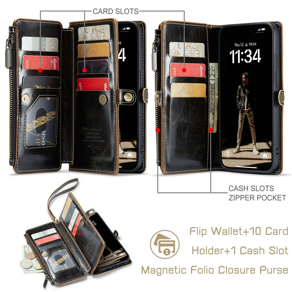 Defencase Compatible with iPhone 13 Pro Max Case Wallet with RFID Blocking Card Holder for Women Men, PU Leather Magnetic Snap Flip Zipper Strap Wallet Phone Case Fit for iPhone 13 Pro Max 6.7, Coffee