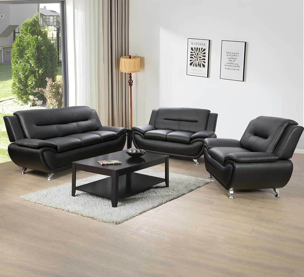 3 Piece Living Room Couch Set, Faux Leather Sofa Set, Modern Sofa Couch Set Living Room Furniture (Sofa+Loveseat+Chair, Black)