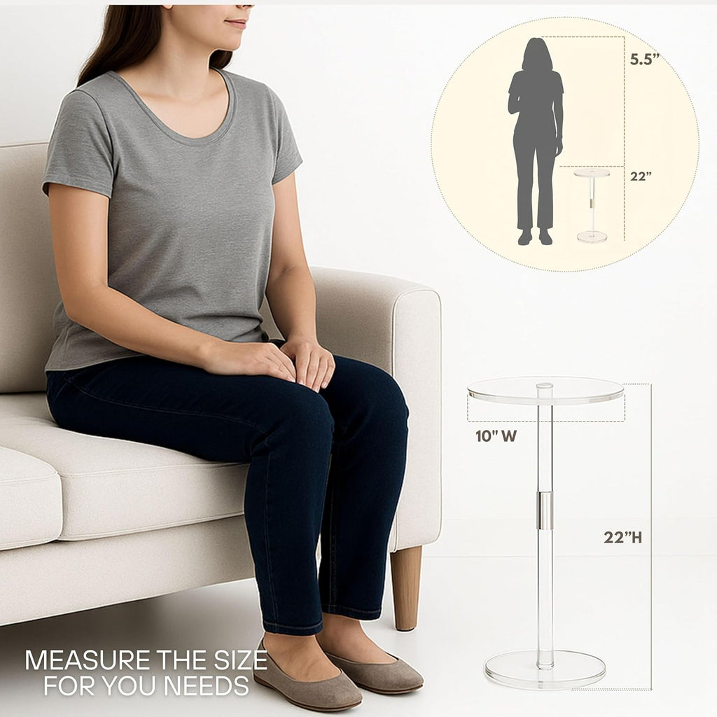 Acrylic Drink Table, Small Round Side Table for Small Space, Pedestal End Tables with Phone Holder, Multi-Use Modern Accent Tables, Martini/Cocktail Table for Living Room 10"X21" Easy Assembly
