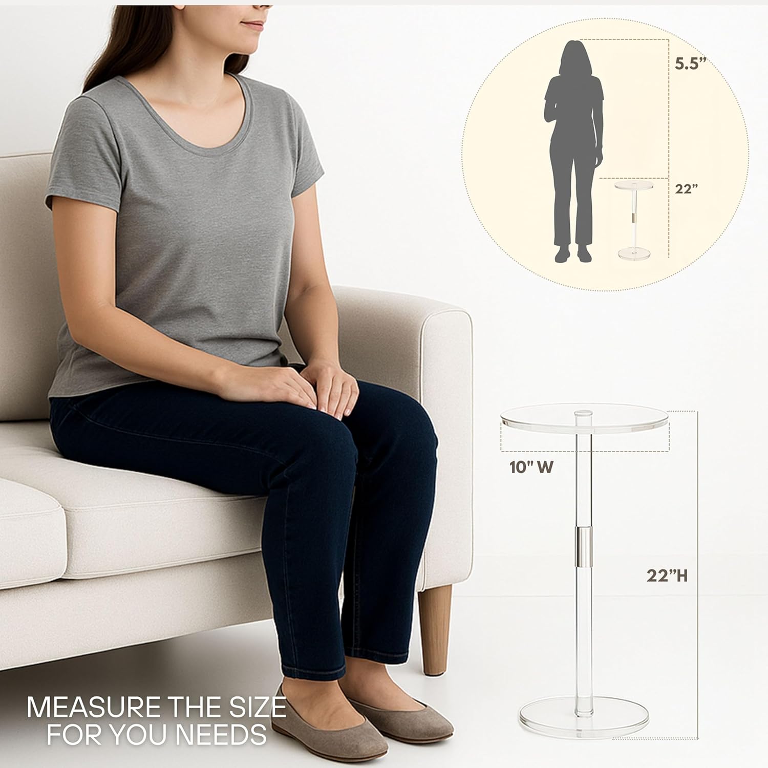 Acrylic Drink Table, Small Round Side Table for Small Space, Pedestal End Tables with Phone Holder, Multi-Use Modern Accent Tables, Martini/Cocktail Table for Living Room 10"X21" Easy Assembly