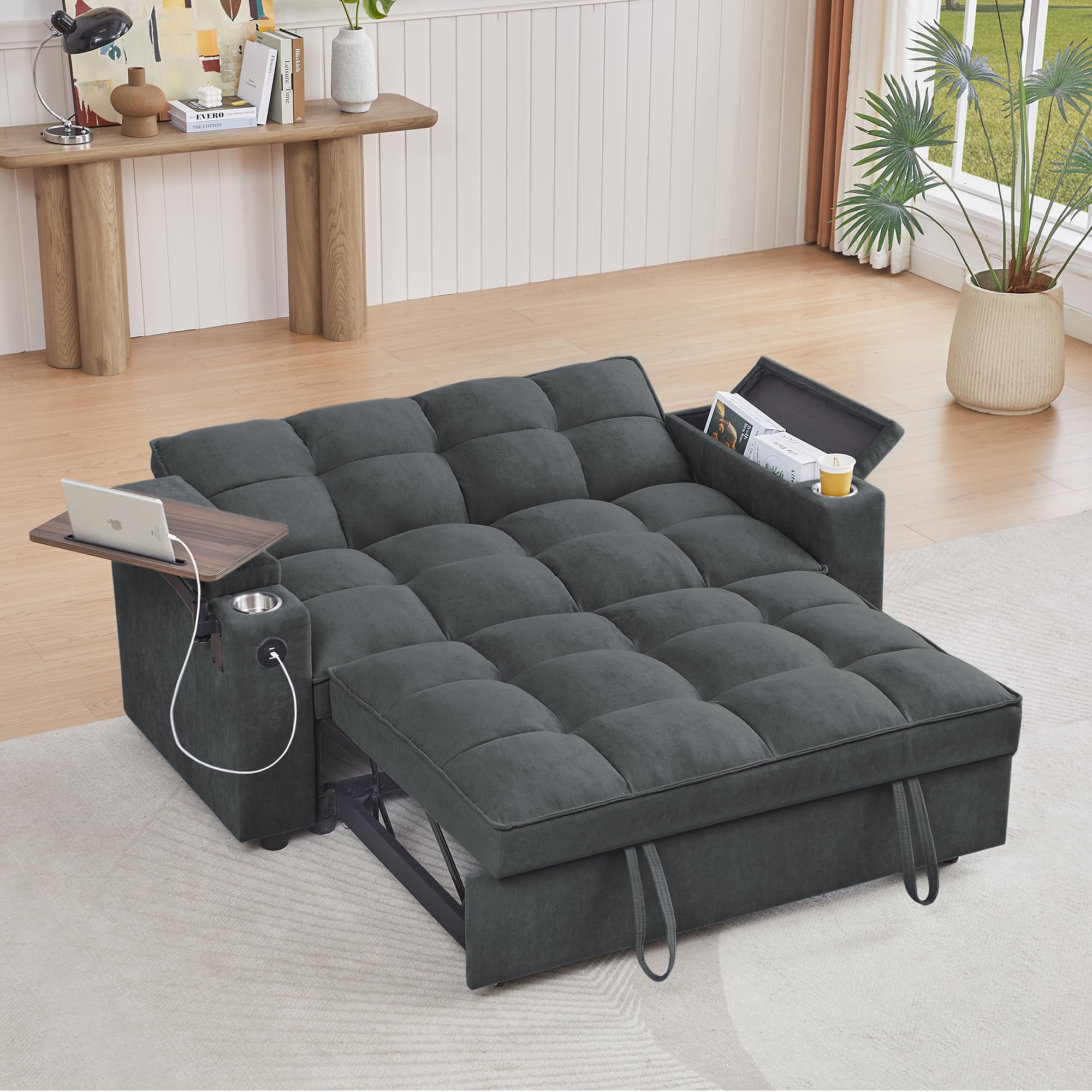 65'' 3-in-1 Folding Convertible Sofa Bed, Pullout Sofa, Modern Chenille Fabric, 360° Swivel Side Table, Easy Assembly, Perfect for Living Room, Black