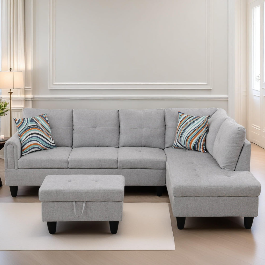 Leather Sectional Couch, Modern L Shaped Couches for Living Room, Comfy 4 Seat Modular Sectional Sofa with Ottoman Storage for Bedroom Apartment, Black