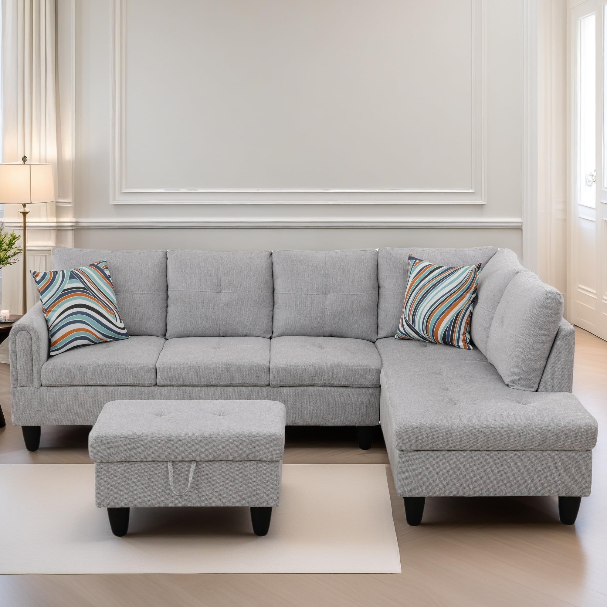 Leather Sectional Couch, Modern L Shaped Couches for Living Room, Comfy 4 Seat Modular Sectional Sofa with Ottoman Storage for Bedroom Apartment, Black