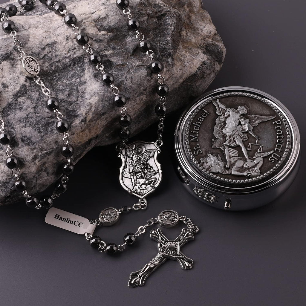 HanlinCC Saint Michael the Archangel Hematite Black Stone Beads Rosary Necklace with Metal Gift Box for Men