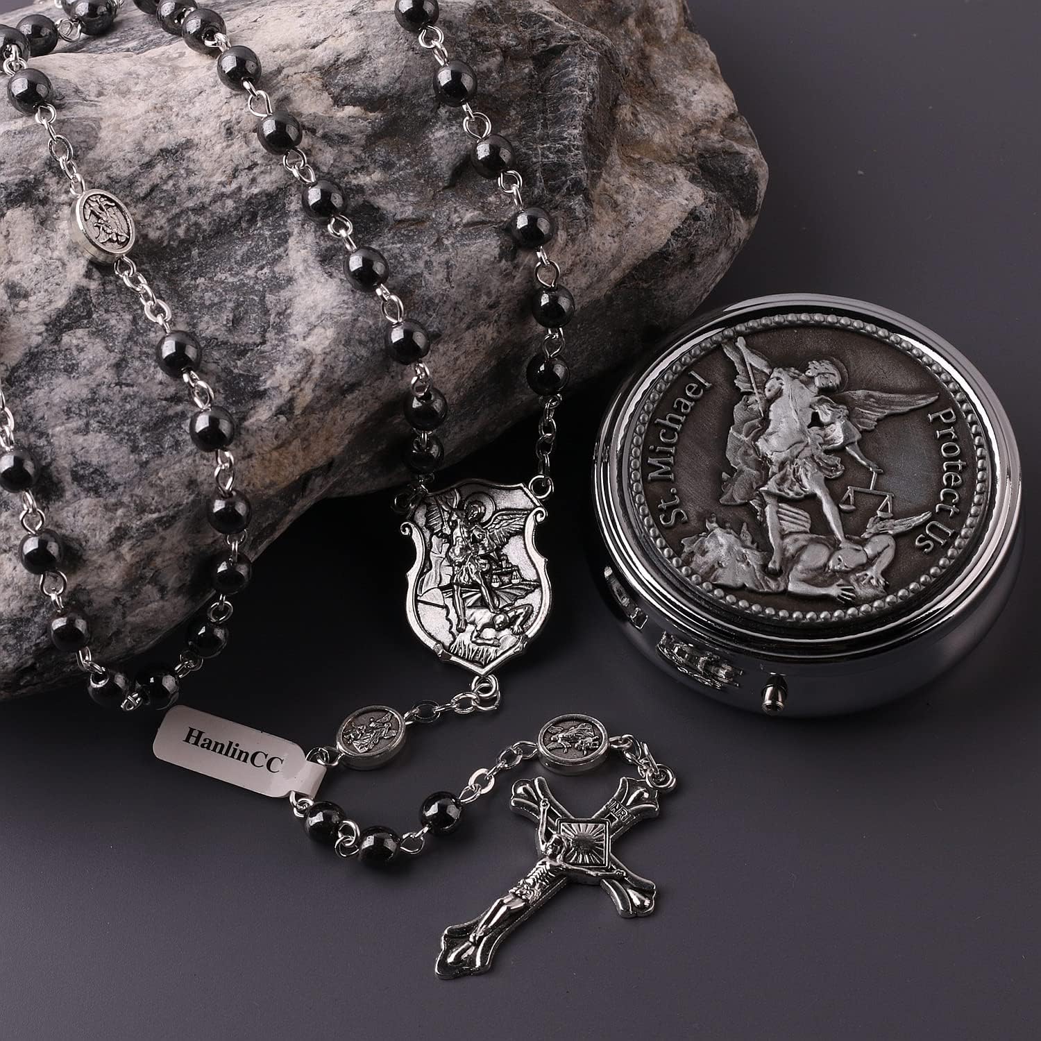 HanlinCC Saint Michael the Archangel Hematite Black Stone Beads Rosary Necklace with Metal Gift Box for Men