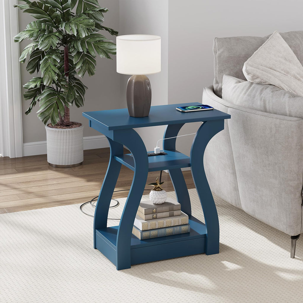 End Tables Living Room, White End Table with Charging Station,White Side Table, Nightstand for Bedroom, 3 Tier End Table with Storage Shelf for Living Room