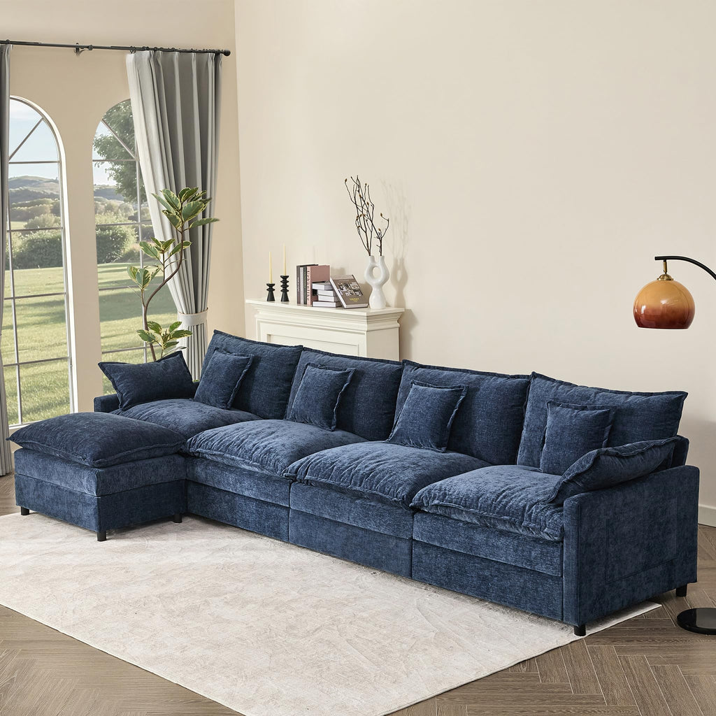 108" U Shaped Couch, Modular Sectional Sofa, 3-Seater Comfy Cloud Couch with Movable Ottoman, Deep Seat Couches for Living Room, Chenille, Black