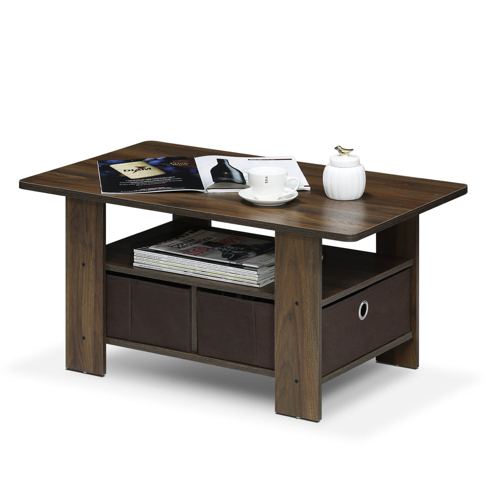Furinno Andrey Coffee Table with Bin Drawer, Americano/Medium Brown, Small Non-Lift Top