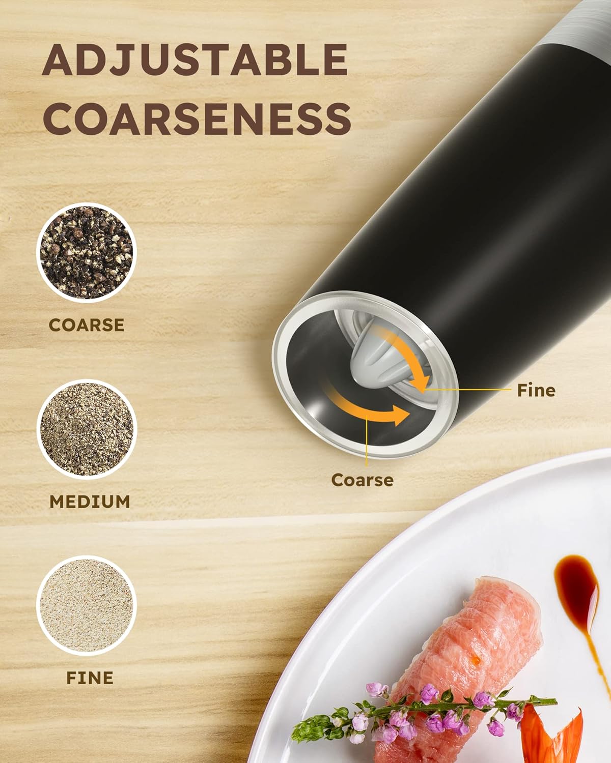 Sangcon Gravity Electric Pepper and Salt Grinder Mill Automatic Shaker Grinder with LED Light, Battery Powered Adjustable Coarseness One Hand Operation, Upgraded Larger Capacity, 1pc