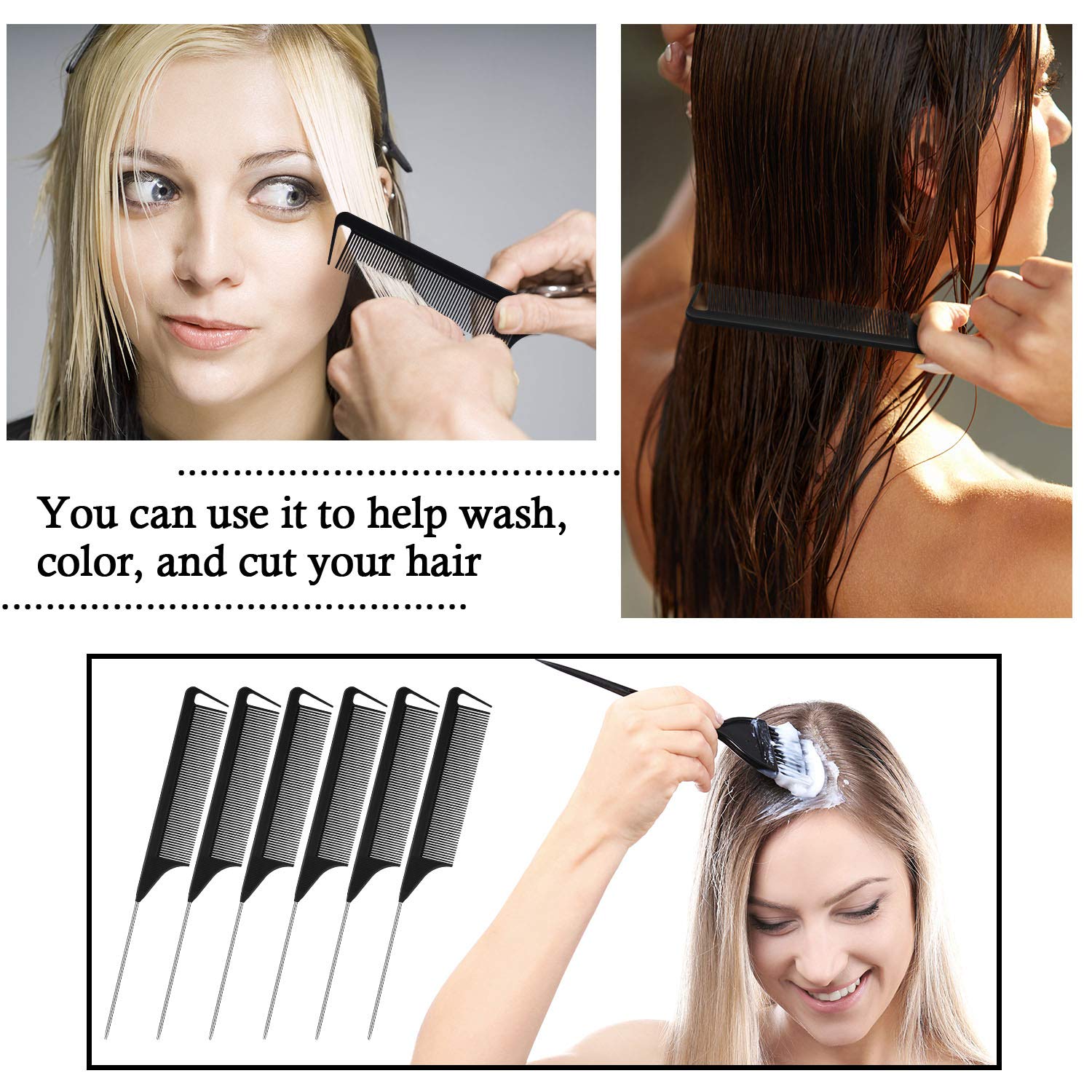 Patelai 30 Pieces Parting Comb for Braids Steel Hair Pin Rat Tail Carbon Fiber Heat Resistant Teasing Combs with Stainless Steel Pintail(Black, Silver)