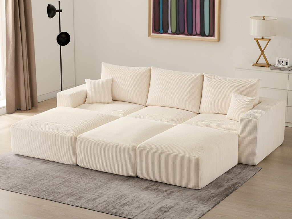 Sectional Cloud Boneless Sofa Couches for Living Room-113'' Beige 3 Seater U-Shaped Modern Lounge Couch-No Assembly Modular Corduroy Convertible Sponge Sleeper Sofas with Chaise for Home House