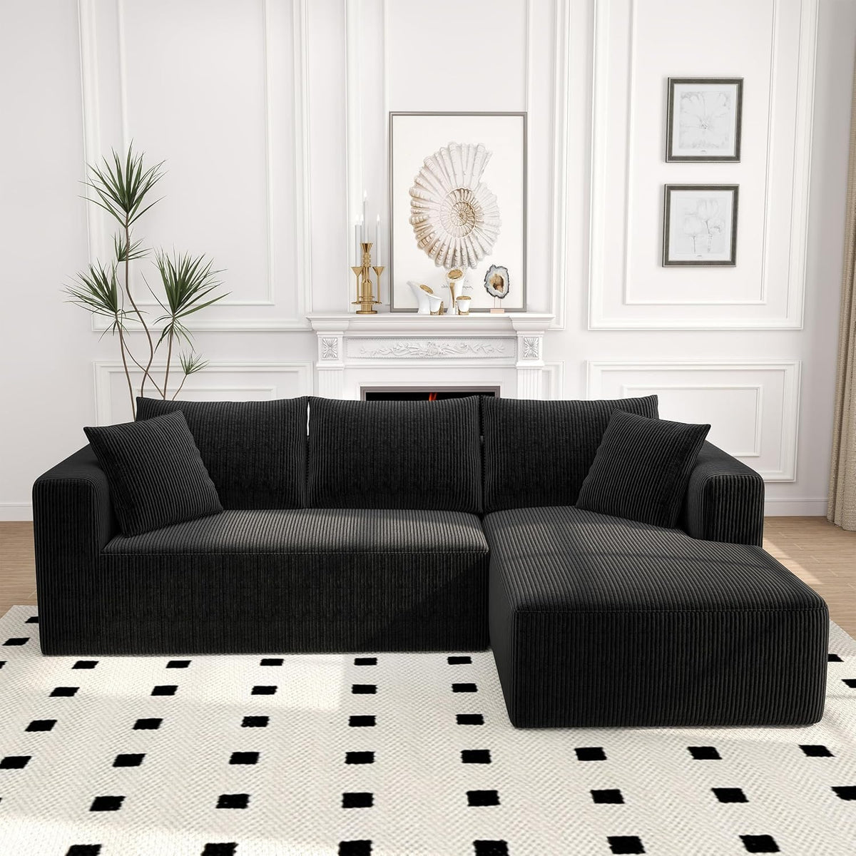 Sectional Couches for Living Room, 5 Seat Sofa Couch with Corduroy Fabric, L-Shaped Cloud Sofa Set with 5 Pillows, No Assembly High-Density Sponge Sofa for Apartment, Black