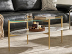 Shrine Oval Coffee Table, Mid-Century Modern Design, 2-Tier Structure, Clear Glass Top and White MDF Shelf, 47" D x 21" W x 17" H, Sleek Conical Metal Legs with Gold Finish