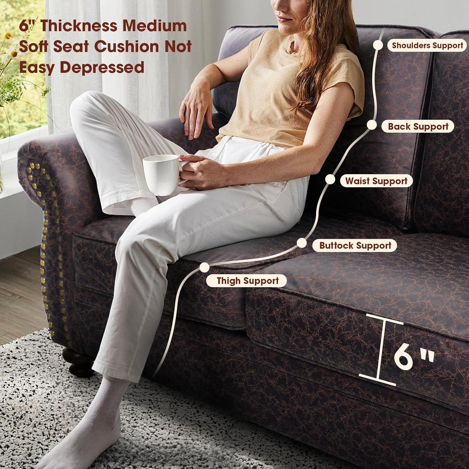 Mid-Century Vintage Sofa Couches with Rivet Design,loveseat Sofa,Removable Sofa Cover Upholstered Cushions and Solid Wood Frame (Brown, 3-Seater)