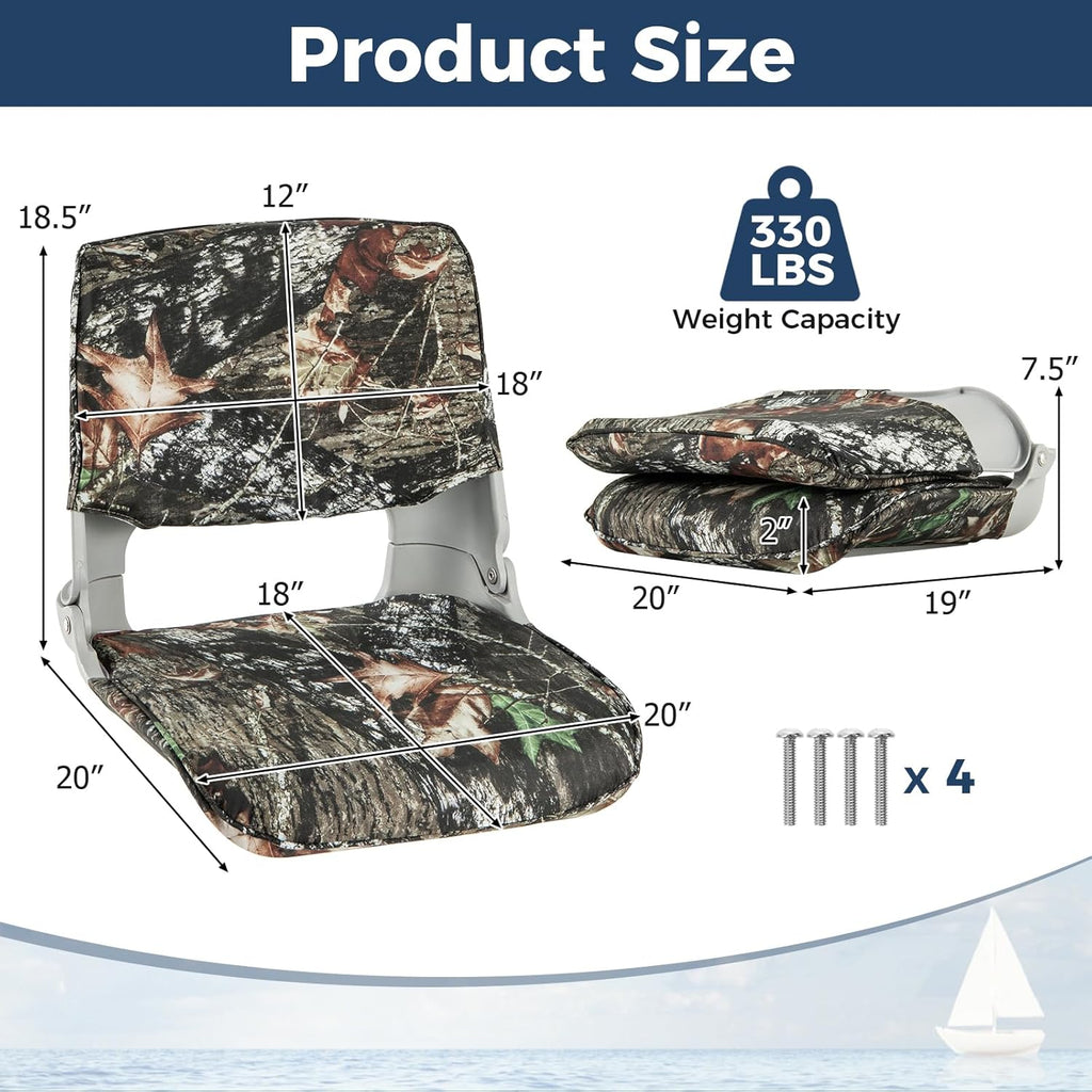 Goplus Low/High Back Boat Seats, Folding Boat Seat with Stainless Steel Screws & Aluminum Hinges, Thickened Sponge Padding, Waterproof Fishing Captain Boat Seats (2 Packs-Camo & Gray)