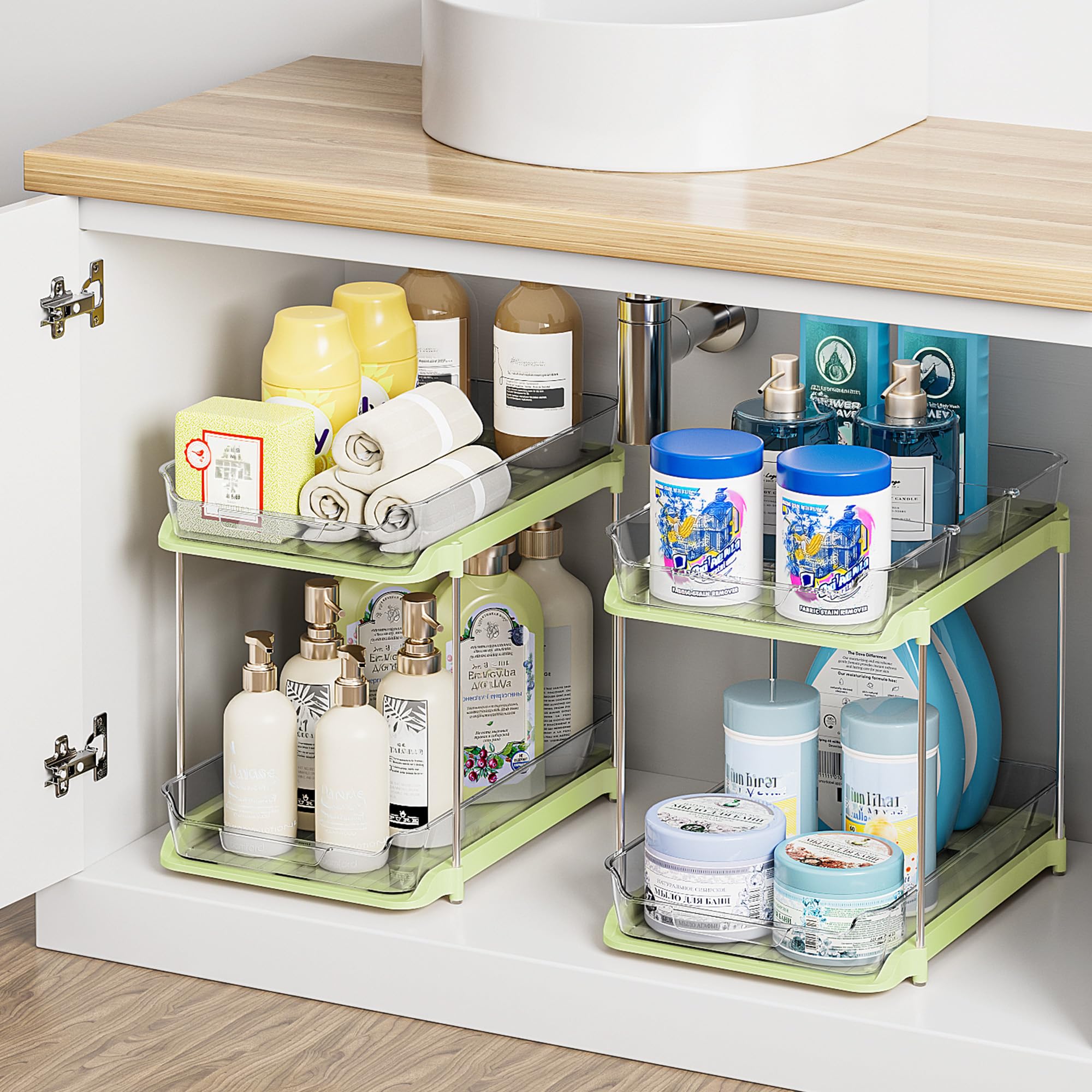 Delamu 2-Tier Multi-Purpose Bathroom Under Sink Organizers and Storage, Stackable Kitchen Pantry Organization, Pull Out Medicine Cabinet Organizer with Movable Dividers, Amber, 2 Pack