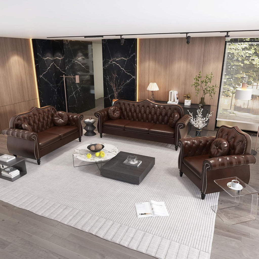 AVZEAR Chesterfield 3-Piece Living Room Sectional Sofa Set, Mid-Century Modern Upholstered PU Couch, Classic Tufted Button Sofa with Nailhead Trim for Living Room, Office (Brown)