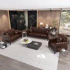 AVZEAR Chesterfield 3-Piece Living Room Sectional Sofa Set, Mid-Century Modern Upholstered PU Couch, Classic Tufted Button Sofa with Nailhead Trim for Living Room, Office (Brown)
