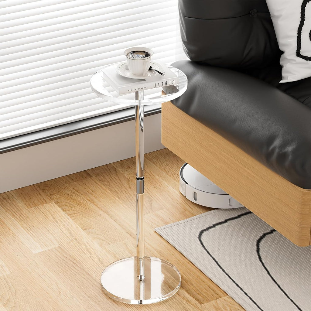 Acrylic Drink Table for Small Spaces, Clear Side Table, 10" L x 10" W x 21.3" H, Round End Table for Living Room, Bedroom, Office, Easy Assembly