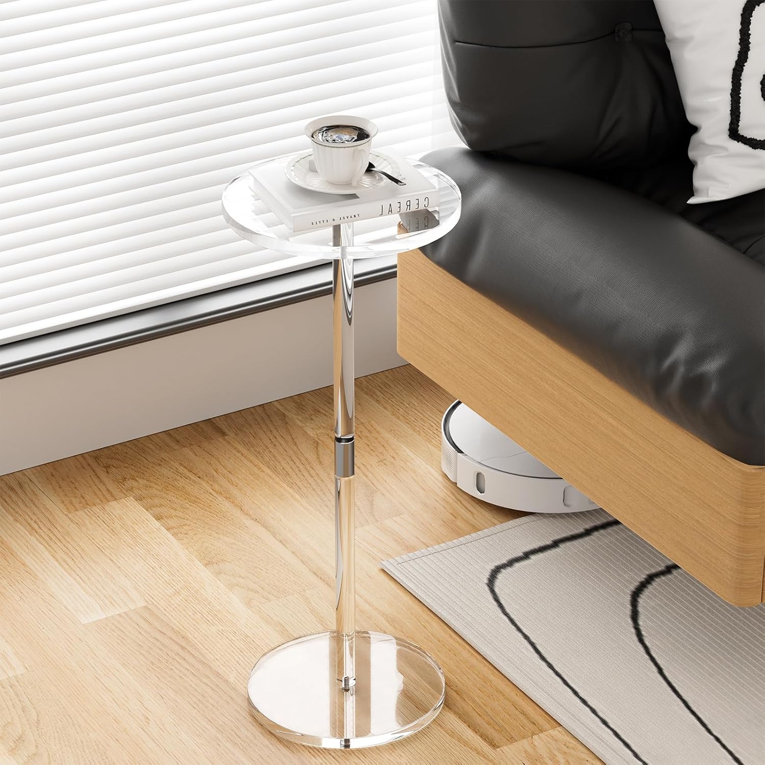 Acrylic Drink Table for Small Spaces, Clear Side Table, 10" L x 10" W x 21.3" H, Round End Table for Living Room, Bedroom, Office, Easy Assembly
