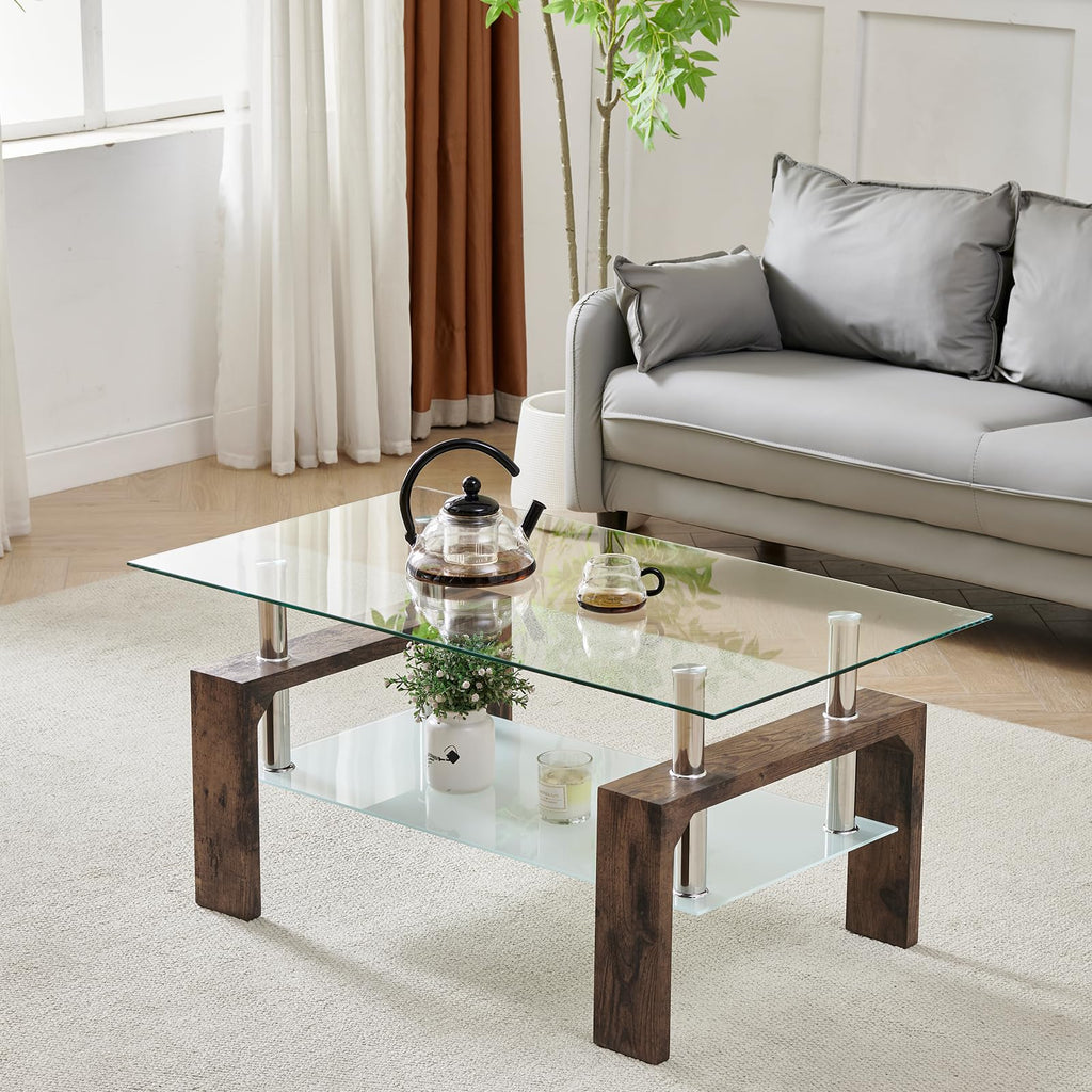 Btrpily Living Room Rectangle Coffee Table, Tea Table Suitable for Waiting Room, Modern Side Coffee Table with Wooden Leg, Glass Tabletop with Lower Shelf, 39.5D x 23.5W x 17.5H in, Black