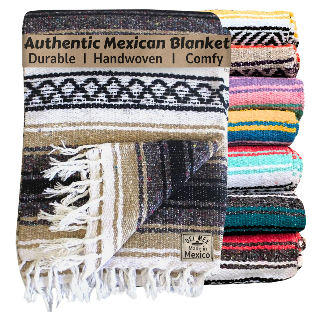 Del Mex Classic Mexican Blanket, Large Authentic Woven Falsa Throw (75"x50"), Artisan Southwest Décor for Beach, Yoga, Outdoors (Tan)
