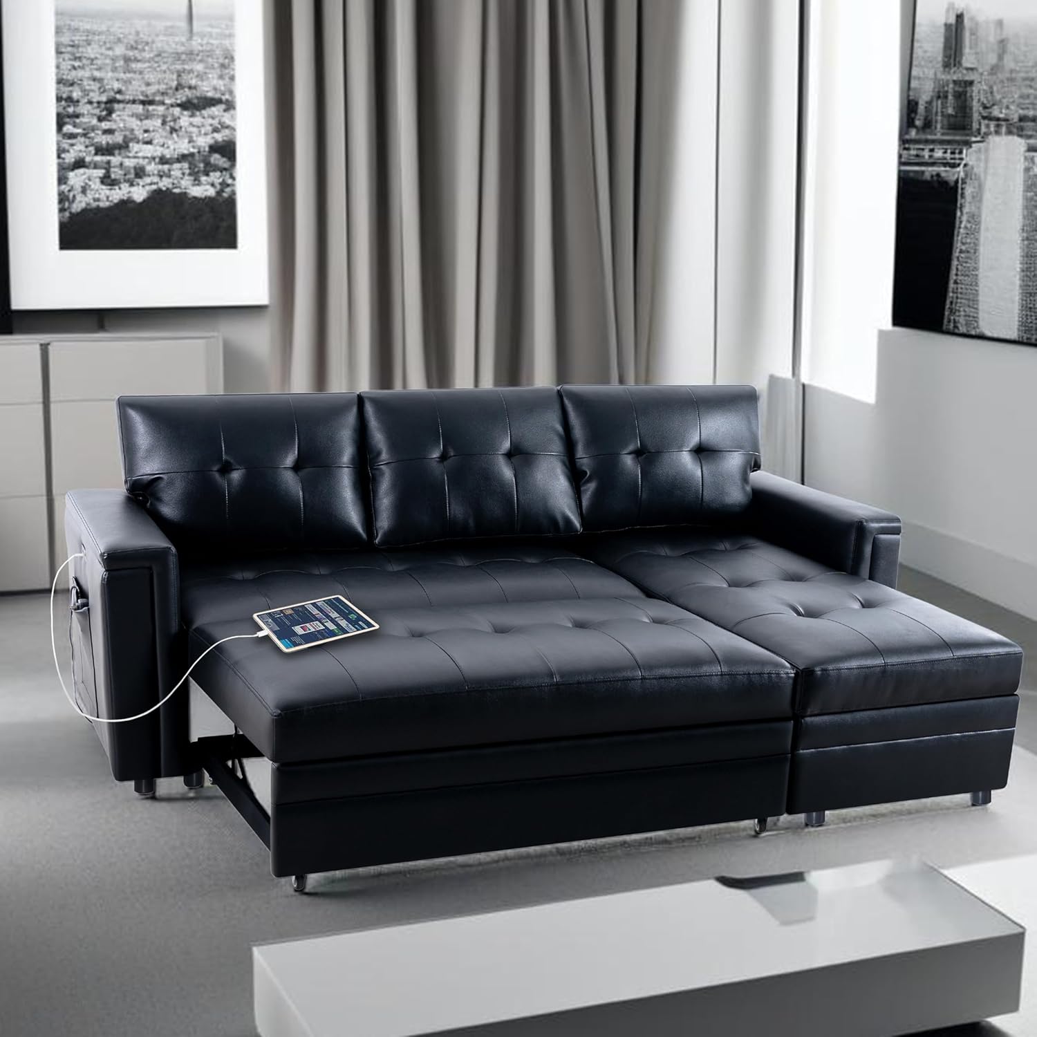 Naomi Home L-Shaped Sectional Sleeper Sofa with USB Ports - Convertible Pull-Out Bed, Ample Storage, Timeless Design, Durable Construction, Black/Air Leather