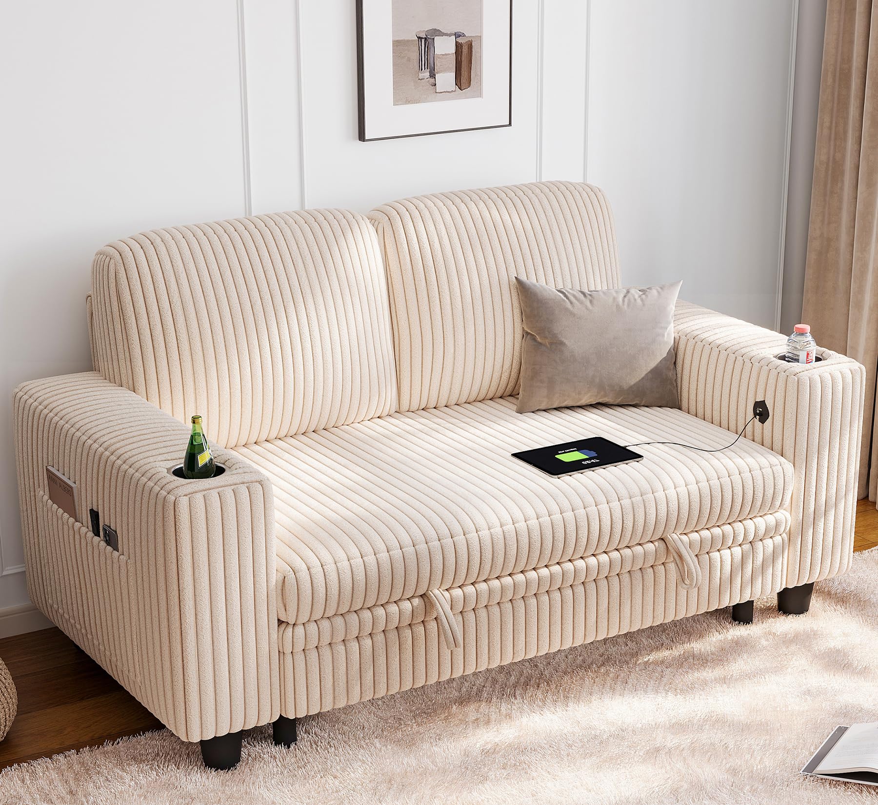 LINSY HOME Sectional Sleeper Sofa with Pull Out Couch Bed - Convertible Plush Corduroy Cloud Couch with Storage Chaise & USB Charging, Comfy Modular Couches for Living Room, Green