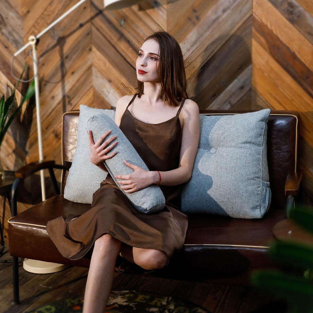 بالش پشتی بزرگ مثلثی Wellty Care با بالش رول سر، بالش تکیه‌گاه پشتی برای حمایت و استراحت در تخت با کاور قابل جدا شدن (خاکستری، دو نفره: 39x8x20 اینچ)