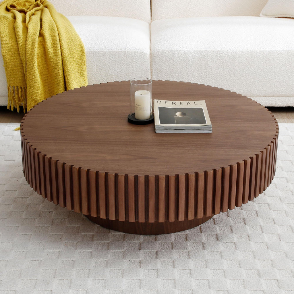 Round Coffee Table for Living Room Contemporary Wood Circle Fluted Coffee Table for Apartment, Easy Assembly ø31.49'', Wood Oak