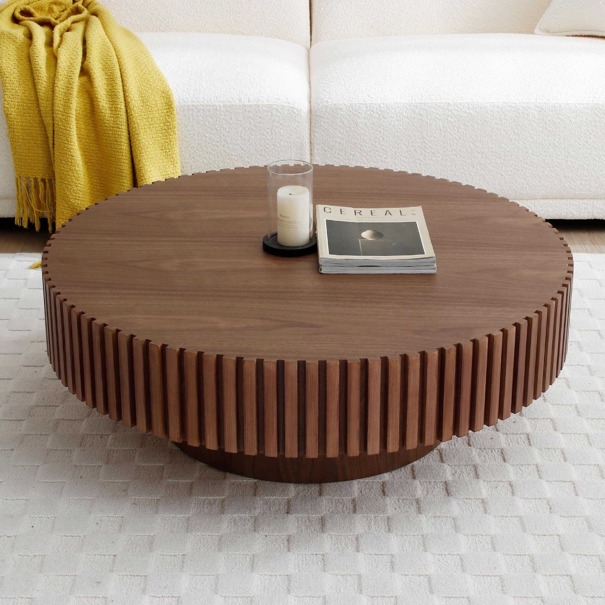 Round Coffee Table for Living Room Contemporary Wood Circle Fluted Coffee Table for Apartment, Easy Assembly ø31.49'', Wood Oak