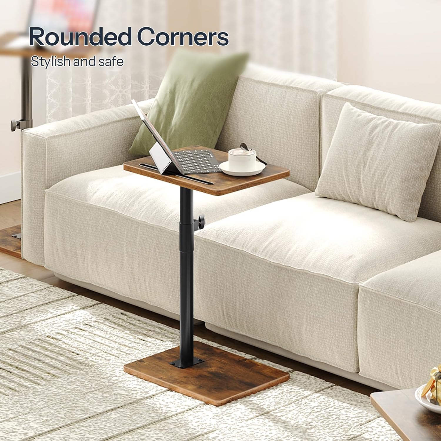 HOOBRO TV Tray Table, 360° Swivel Side Table Sofa Armrest Tray for Couch, Height Adjustable C Shaped End Table, Snack Desk with Cup Holder, for Small Spaces, Rustic Brown and Black BF234BZ01