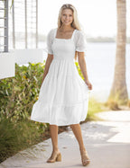 MEROKEETY Women's 2023 White Dress Summer Square Neck Puff Sleeve Boho Midi Dress Swiss Dot Ruffle Flowy Tie Back Dress, White, S