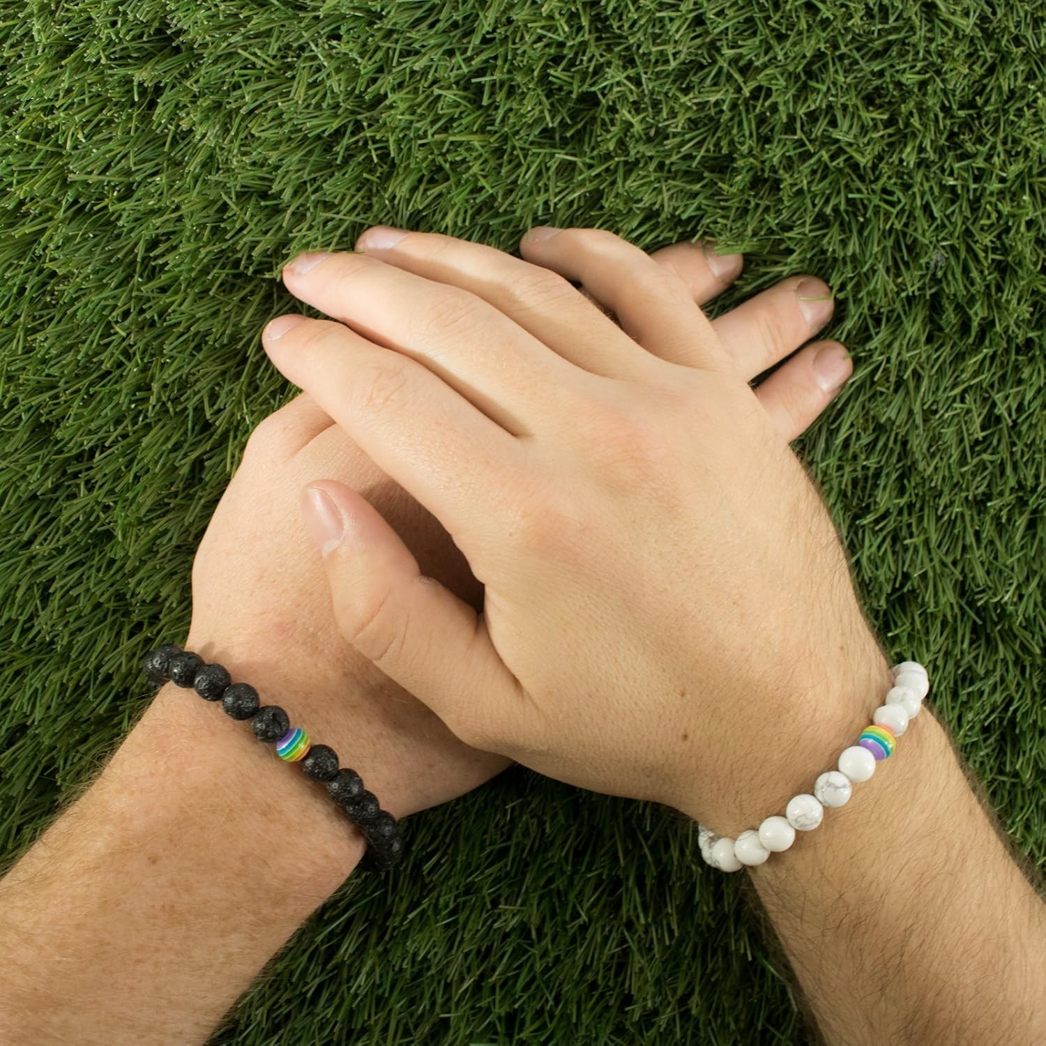 LGBT Relationship Bracelet | 2 Pieces | White Howlite, Black Matte Agate, Rainbow Resin | Oil Diffuser Beads | Gay Couples Strong Cord | Handmade | Love is Colorful