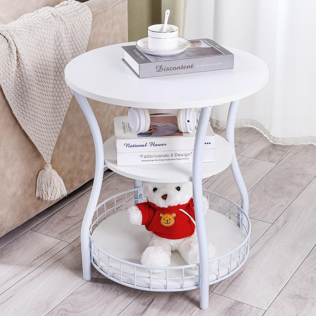 Small Side Table Round End Table with Storage Shelf Basket, 3-Tier Accent Corner Sofa Couch Side Tables Coffee Drink Table for Small Spaces,Round Nightstand for Living Room, Bedroom, Greige