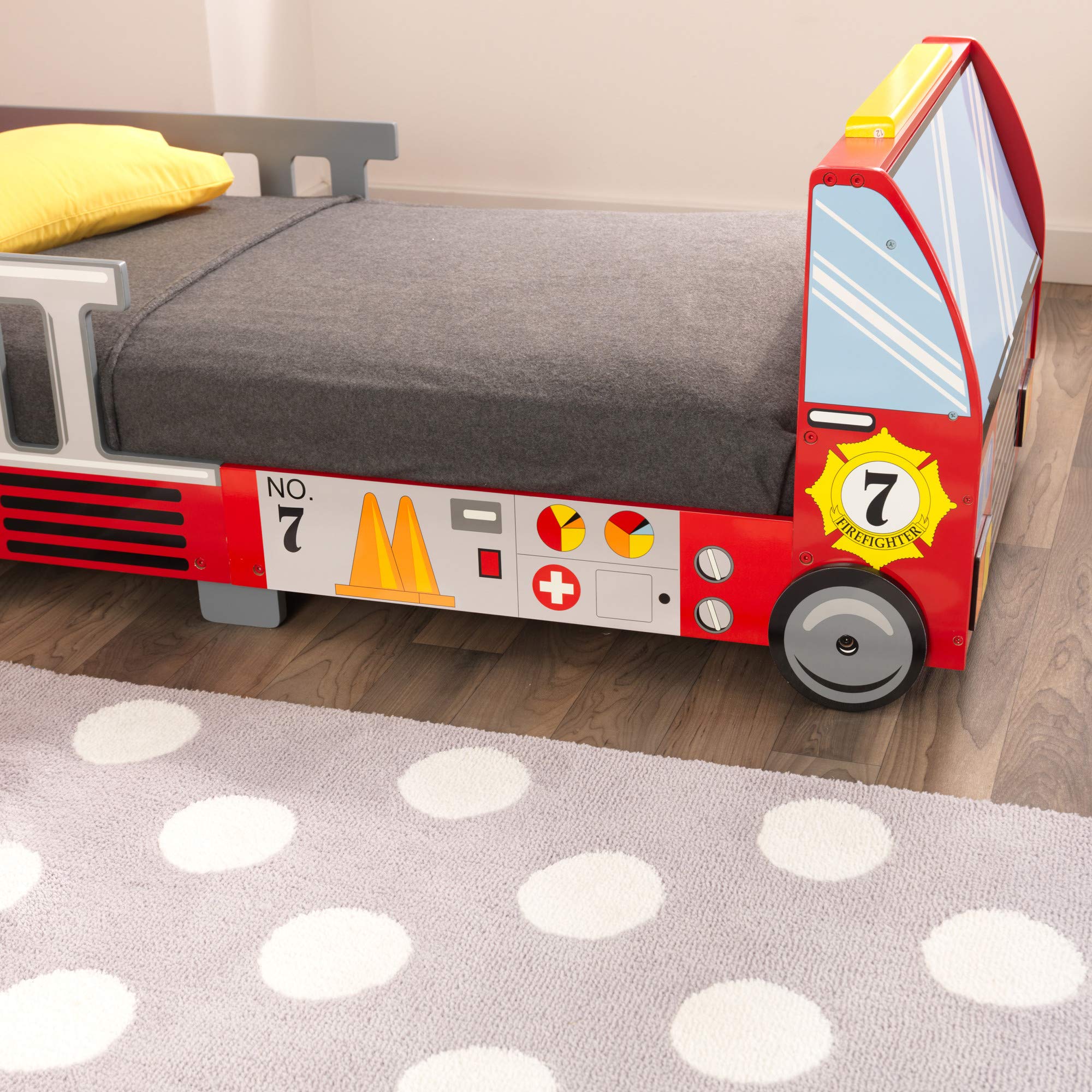 KidKraft Fire Truck Wooden Toddler Bed with Guard Rails, Children's Furniture - Red, Gift for Ages 15 mo+