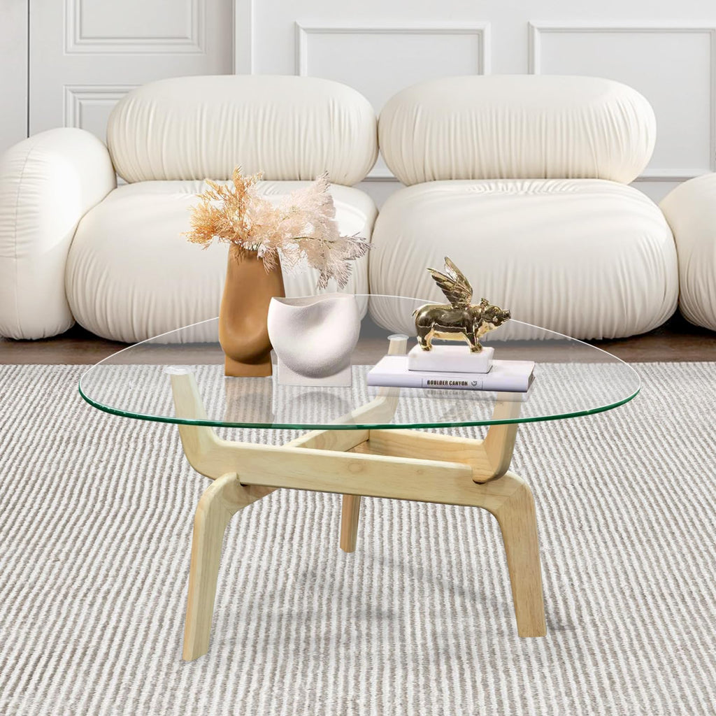 Glass Coffee Tables for Living Room, Triangle Coffee Table with Non-Tip Rubber Wood Base, Morden Tea Table with Tempered Glass Top | Perfect for Homes with Kids/Pets, Office, Apartment (Brown)