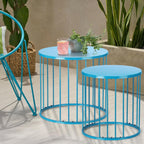 LEWIS&WAYNE Outdoor Side Table Set of 2, Metal Circle Accent End Tables for Balcony Backyard Garden Indoor Living Room, Durable Blue Nesting Coffee Tables, 20”+16” Dia