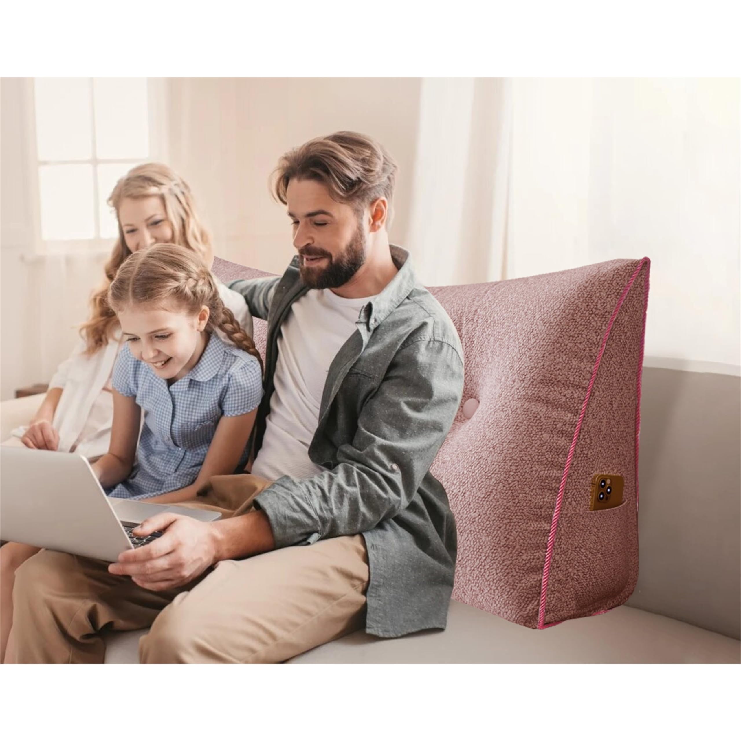 BNCKTRD Triangle Reading Pillow King Size XXL Wedge Headboard Extra Large Back Support Pillow for Sitting up in Bed Daybed Bolster Backrest Cushion Velvet Pink