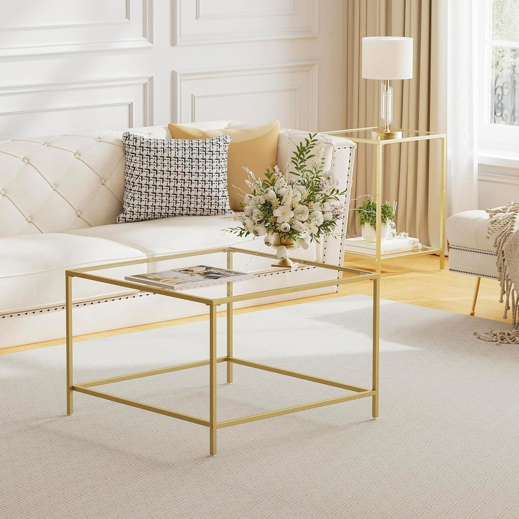 Glass Coffee Table, Modern Square Coffee Table for Living Room, Minimalist Center Tea Table with Sturdy Metal Frame for Apartment, Office, Easy Assembly, 27.6 x 27.6 x 17.7 Inches, Golden