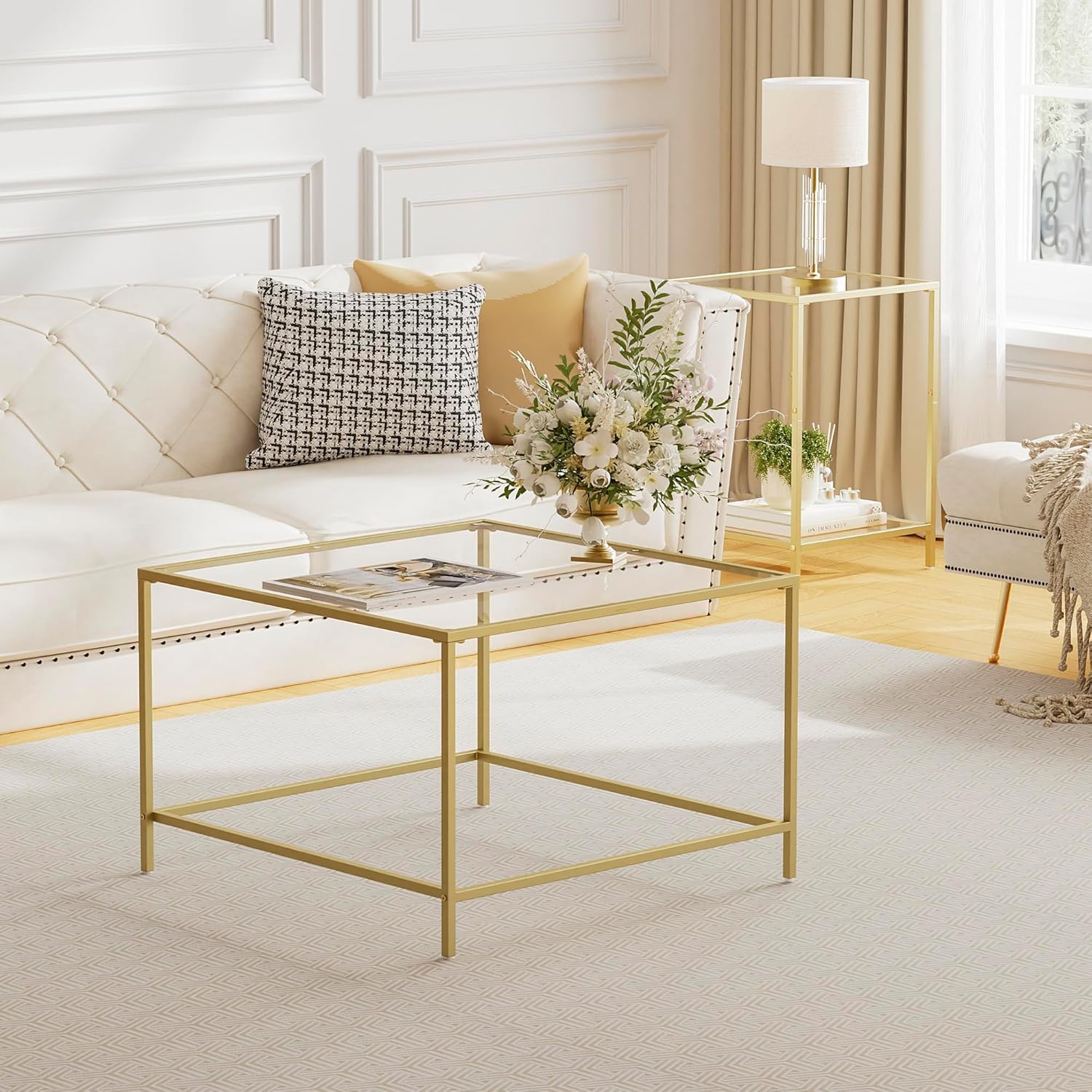 Glass Coffee Table, Modern Square Coffee Table for Living Room, Minimalist Center Tea Table with Sturdy Metal Frame for Apartment, Office, Easy Assembly, 27.6 x 27.6 x 17.7 Inches, Golden