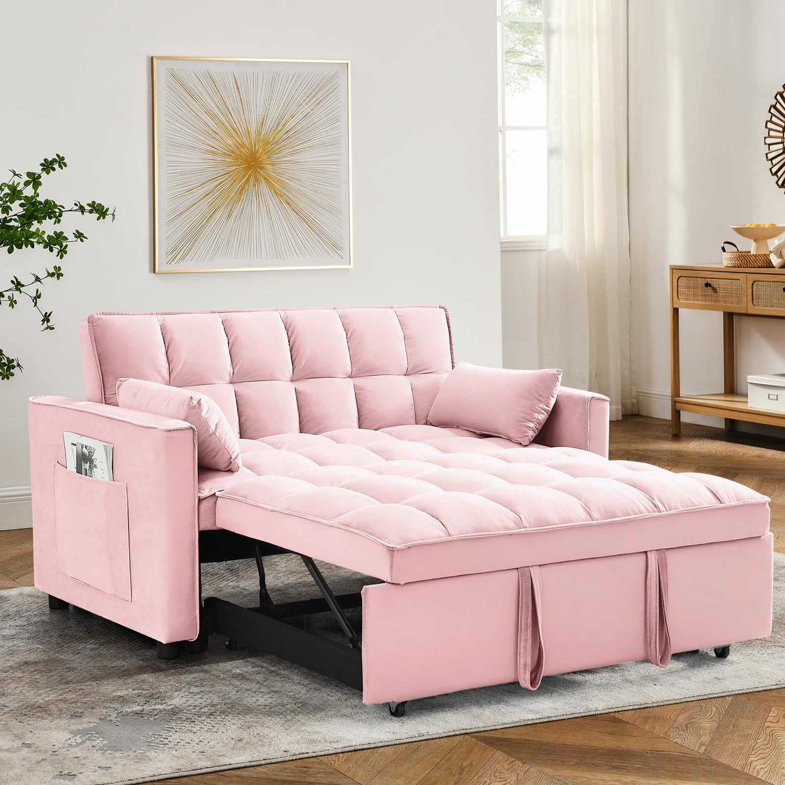 3 in 1 Sleeper Sofa Bed,Velvet Convertible Sofa Bed Pull-Out Bed Couch With Side Pockets,55'' Loveseat Sleeper Sofa with Adjustable Backrest for Living Room,Bedroom,Apartment and Small Space,Black