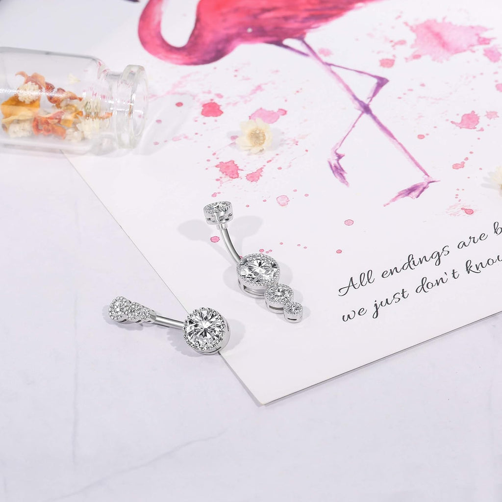 OUFER 3PCS Belly Button Rings, Clear CZ 316L Surgical Steel 14G Belly Rings Dangle Navel Rings Belly Rings Belly Piercing Jewelry