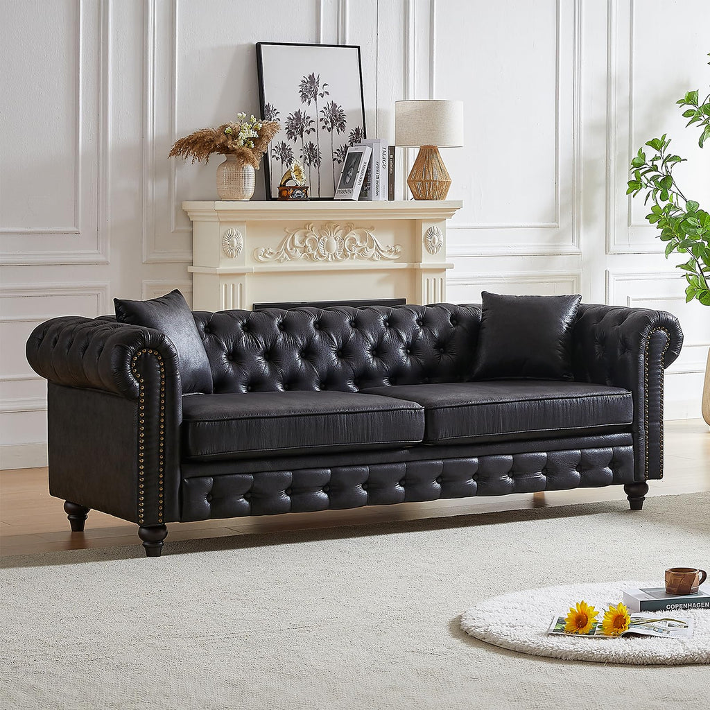 Mid Century Modern Couch,85.5" High-tech Fabric Button Tufted Oversized Loveseat Sofa w/ Nailhead Trim&Roll Armrest,Upholstered Comfy Deep Seat Chesterfield Sofa for Living Room,Office(3 Seater,Brown)