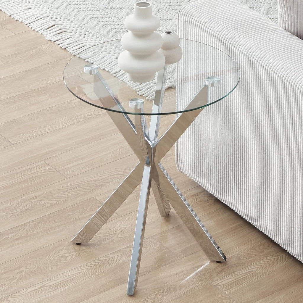 Modern Glass End Table, Small Round Side Table for Couch, Sofa Table with Clear Tempered Glass Top for Living Room, Bedroom, Bedside, 19.7" Wx21.7 H Silver