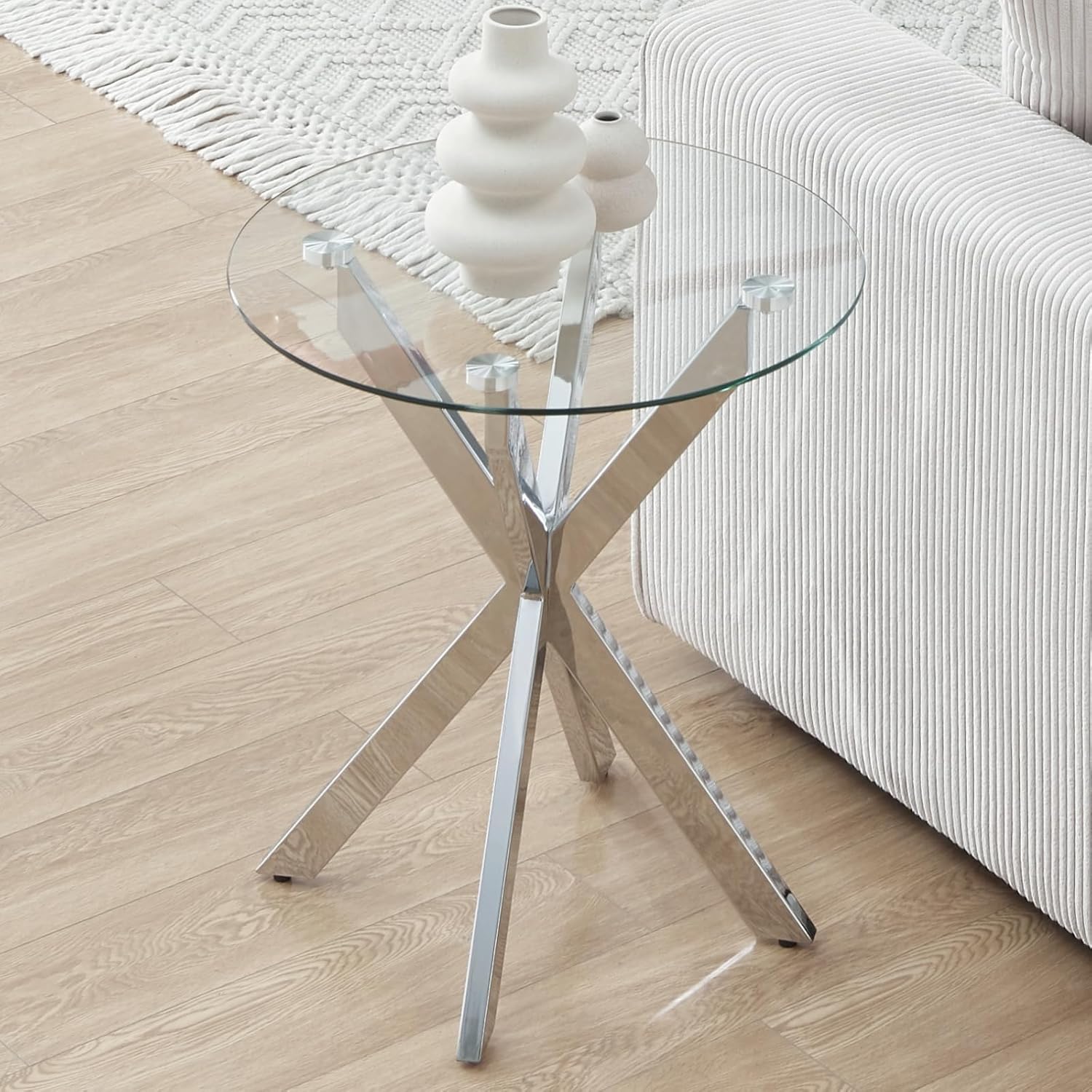 Modern Glass End Table, Small Round Side Table for Couch, Sofa Table with Clear Tempered Glass Top for Living Room, Bedroom, Bedside, 19.7" Wx21.7 H Silver