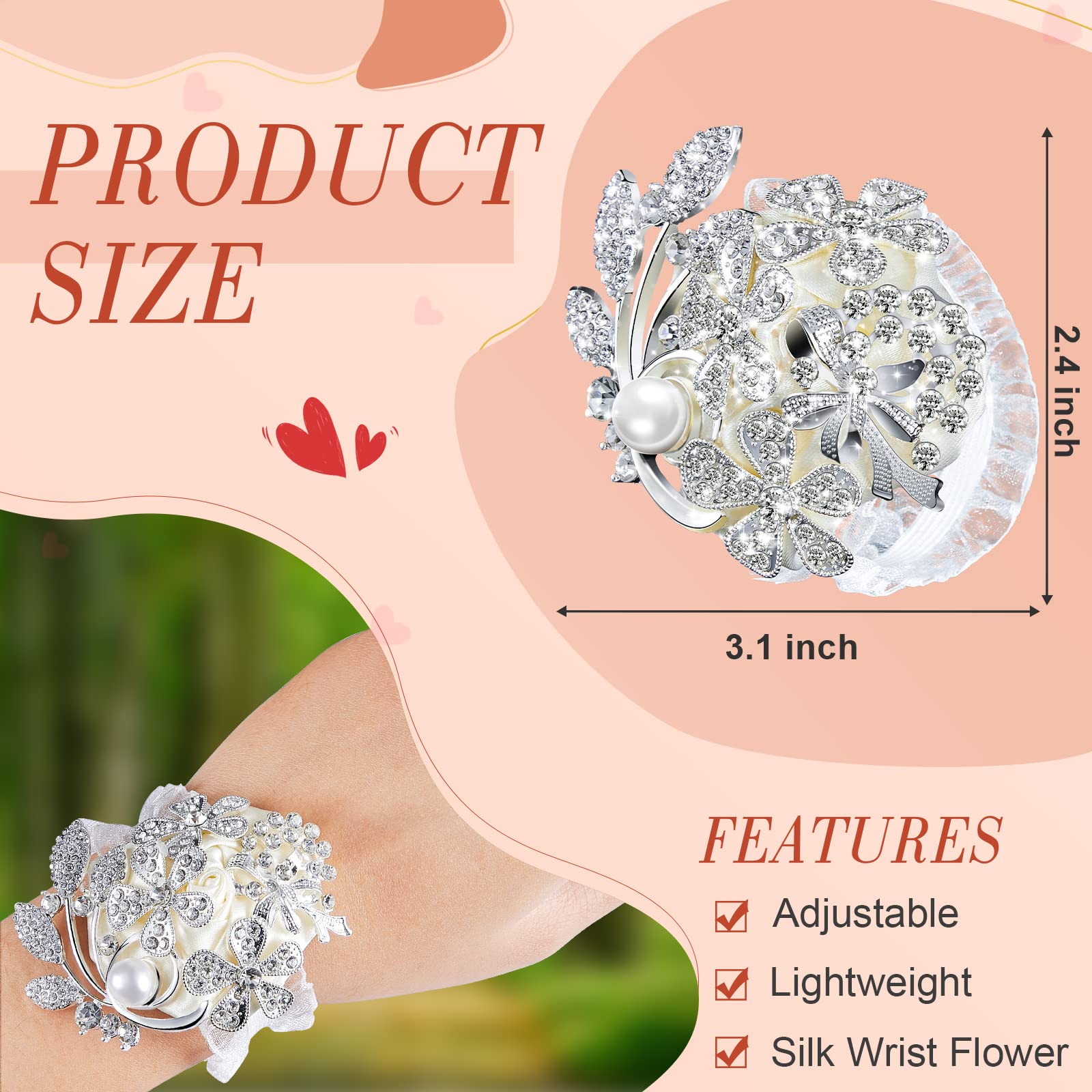 MTLEE 2 Pieces Rhinestone Wrist Corsage Wedding Corsage Wristlet Bracelet Silk Wrist Flower with Peal and Diamond for Wedding Bridesmaid Bridal Shower Prom Party(Silver Ivory)